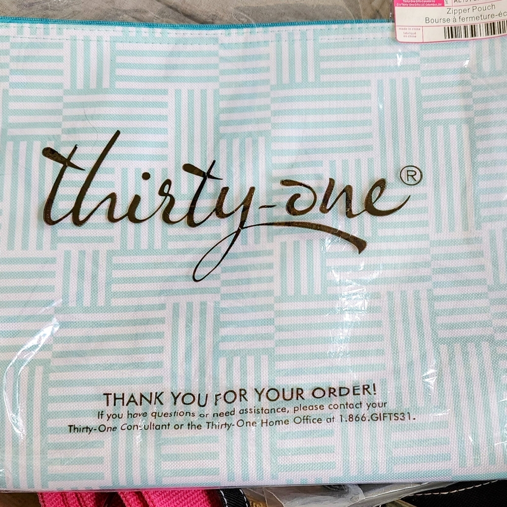 Thirty-One Aqua Striped Zipper Pouch